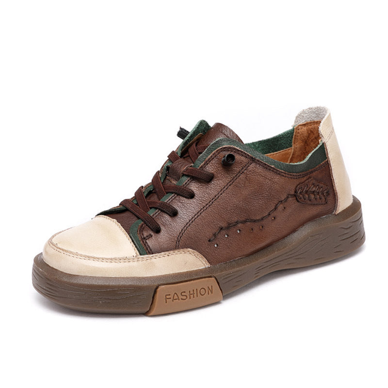 Leather Casual Shoes With Thick Soles And Color Matching