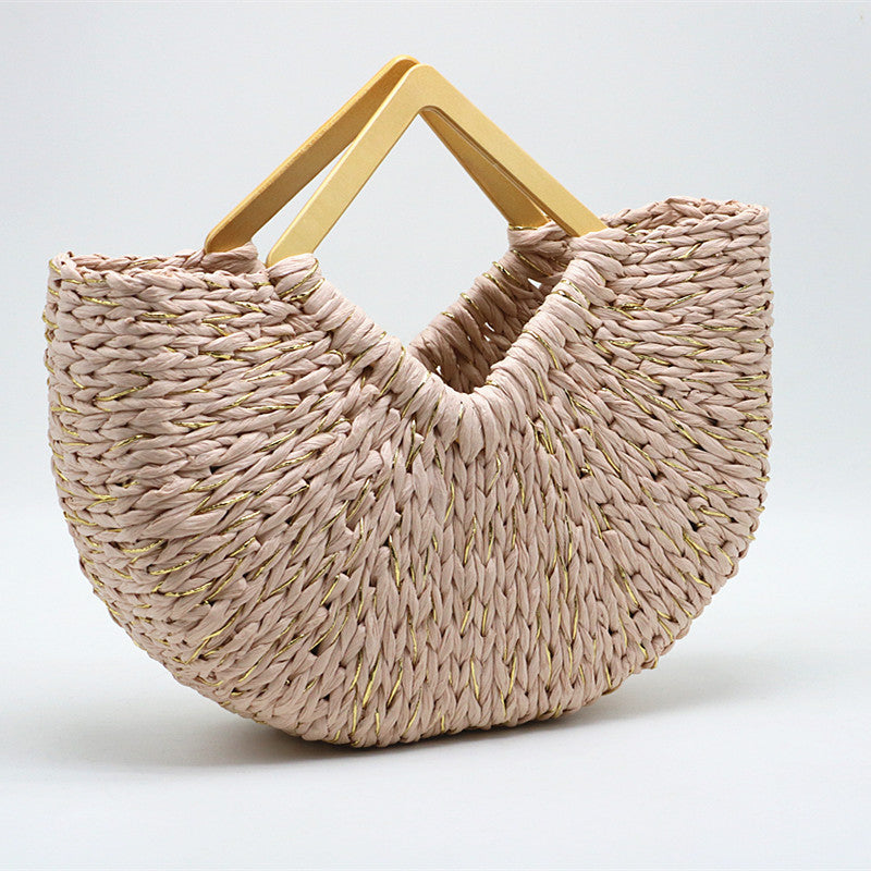 Hand Moon Bag Wooden Handle Straw