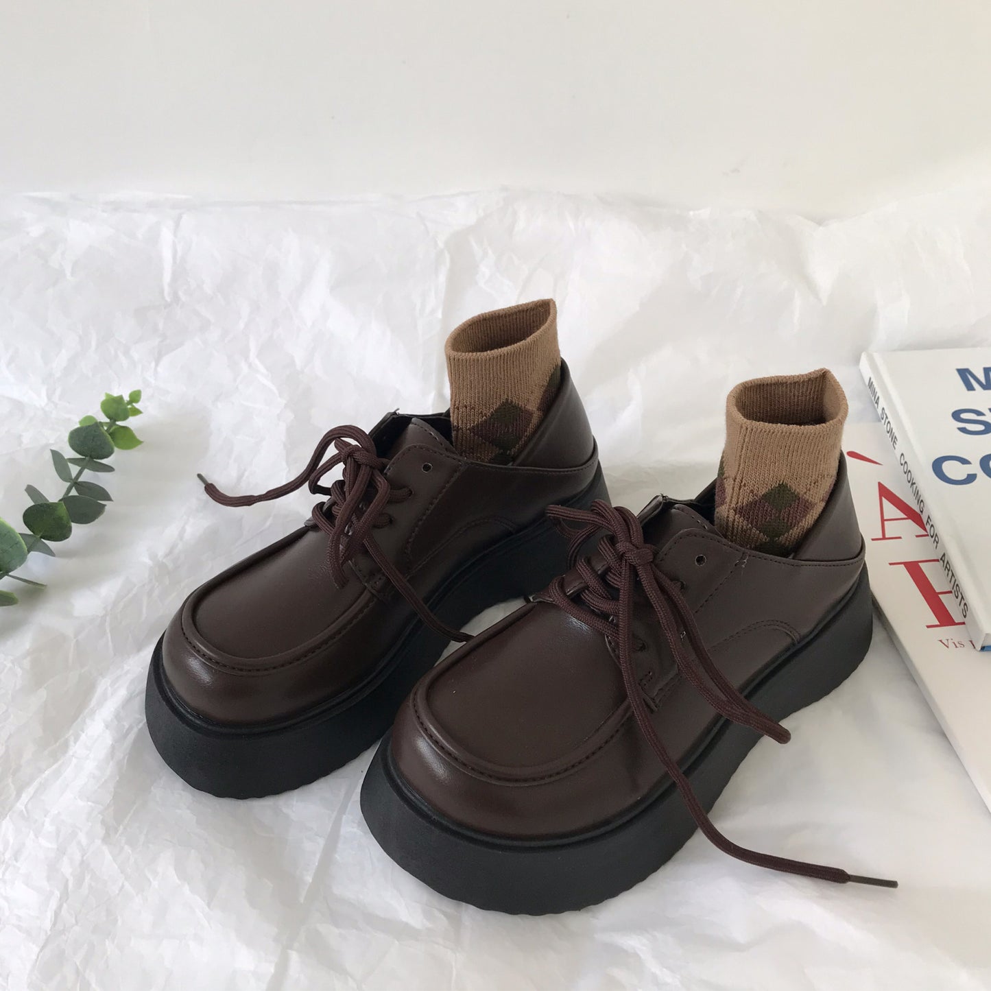 Chaussures en cuir marron à semelles épaisses pour femme style preppy rétro anglais Mary Jane