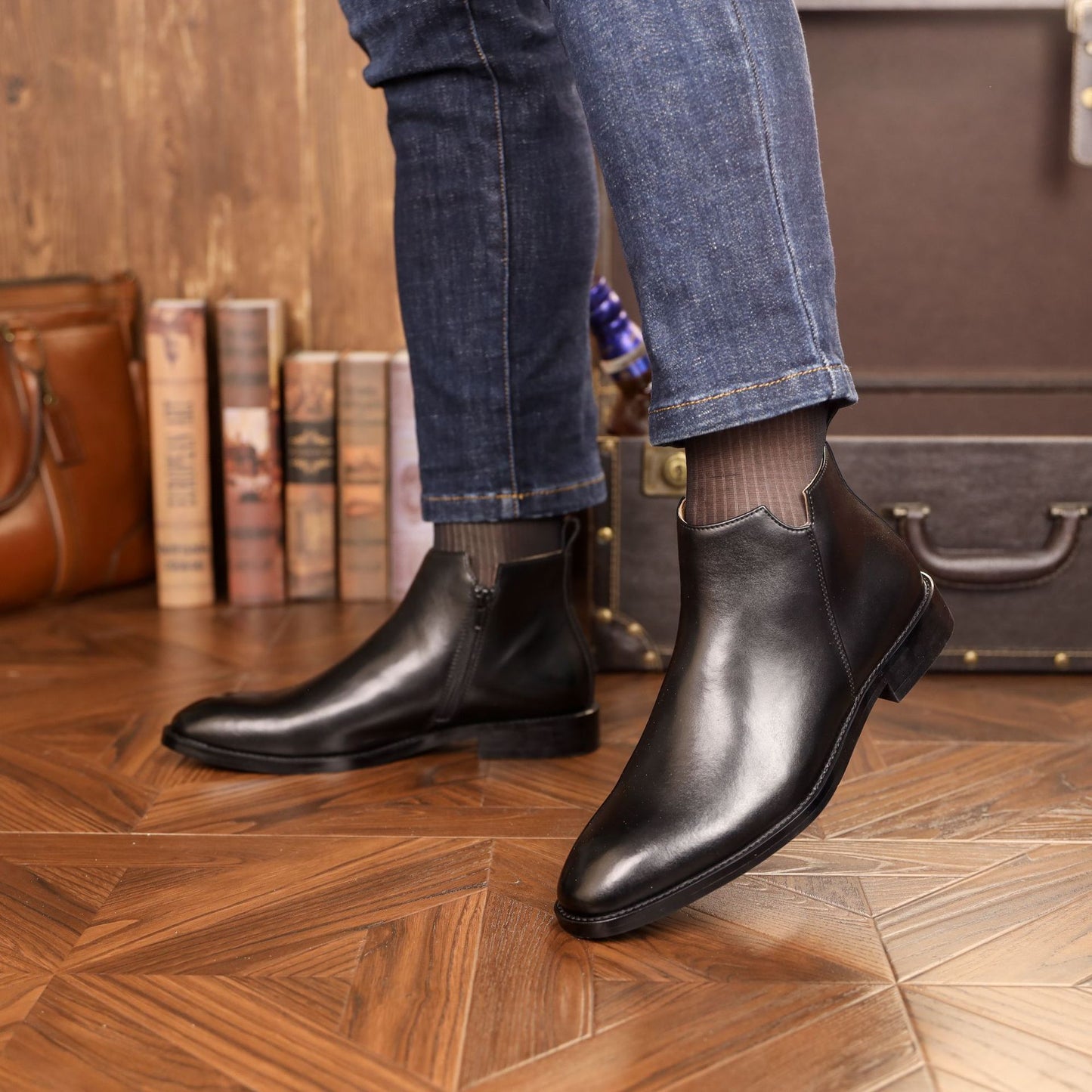 Bottes Martin décontractées en cuir à fermeture éclair latérale de style britannique pour hommes