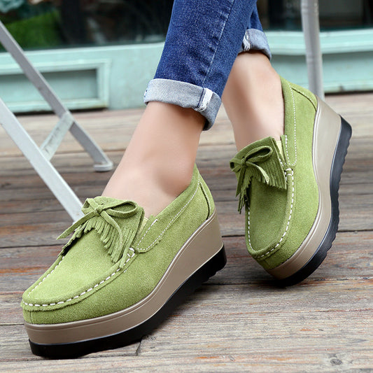 New Tassel Bow Design Shoes For Woman Fashion Thick Bottom Wedges Shoes Casual Slip On Solid Color Flats