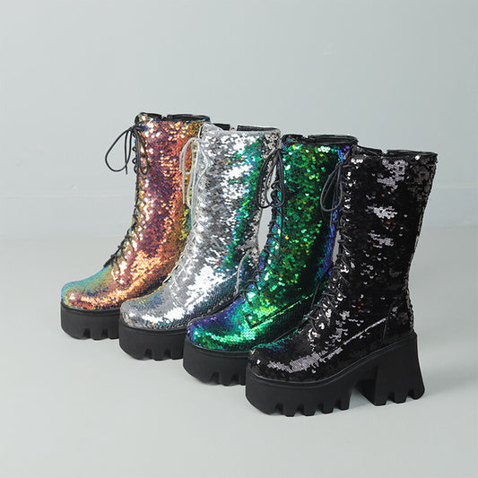 Sequins Mid-calf Martin Boots Round Head Front