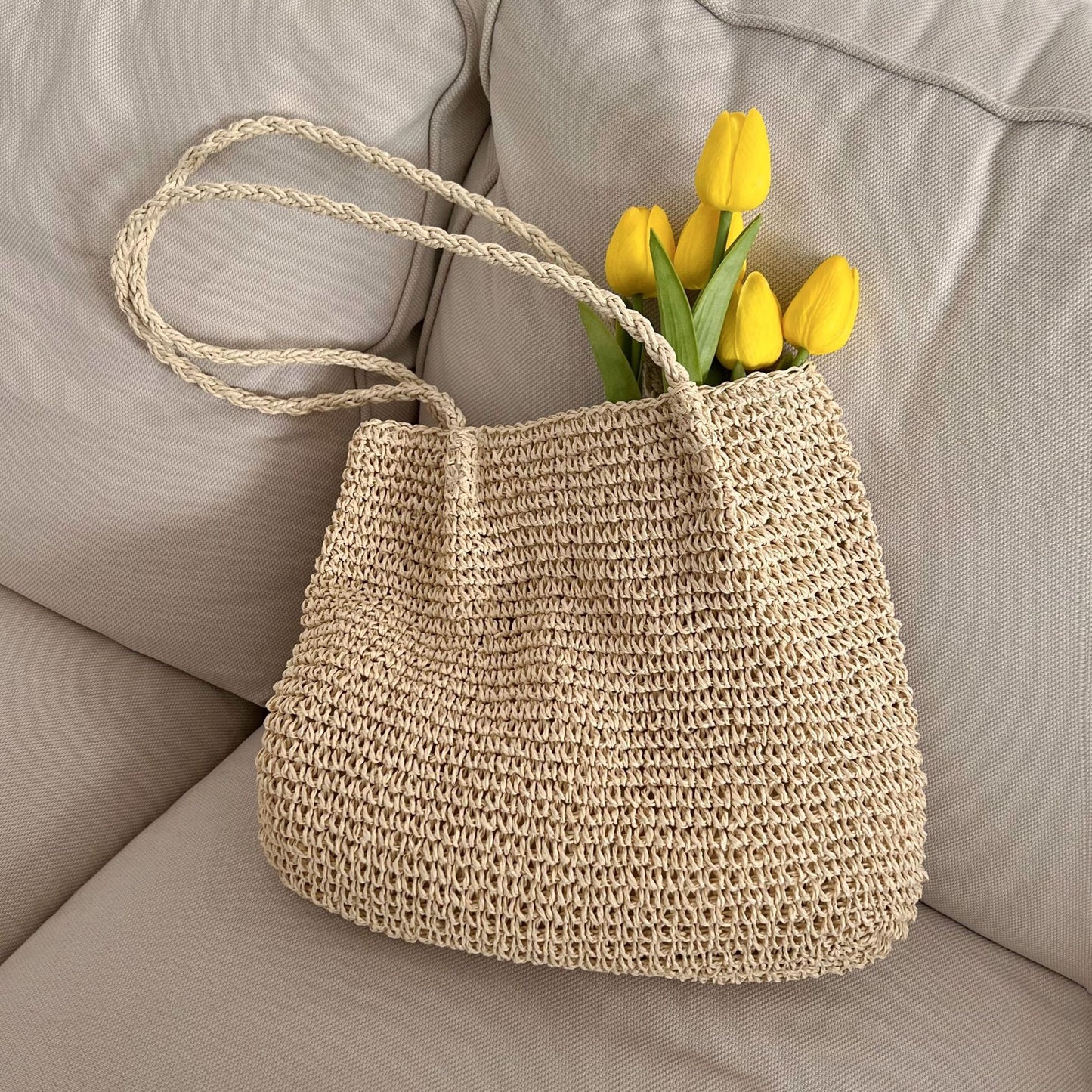 Sac tissé simple et portable en paille à une épaule de grande capacité pour loisirs