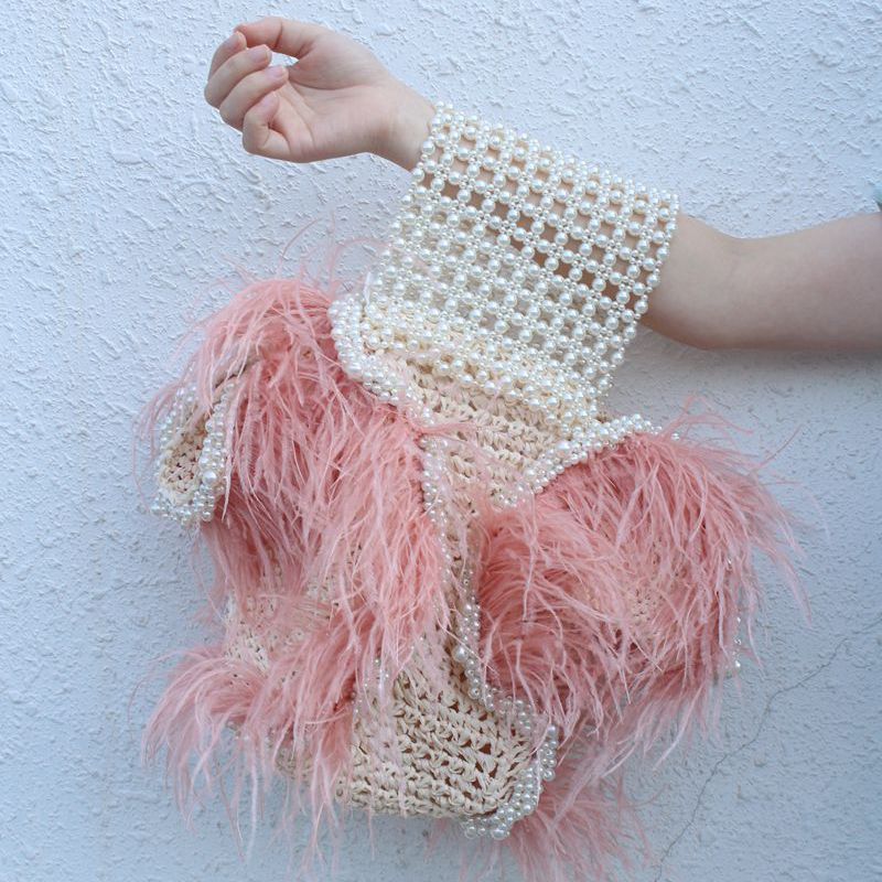 Handmade Pearl Ostrich Hair Natural Straw Women's Bag