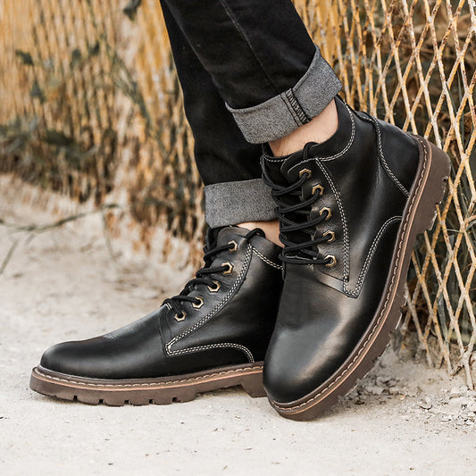 Botas de cuero vintage para hombre, zapatos de trabajo de caña alta