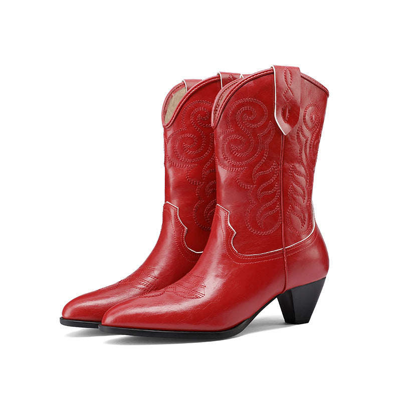 Botas altas estilo western con tacón alto y bordado de moda