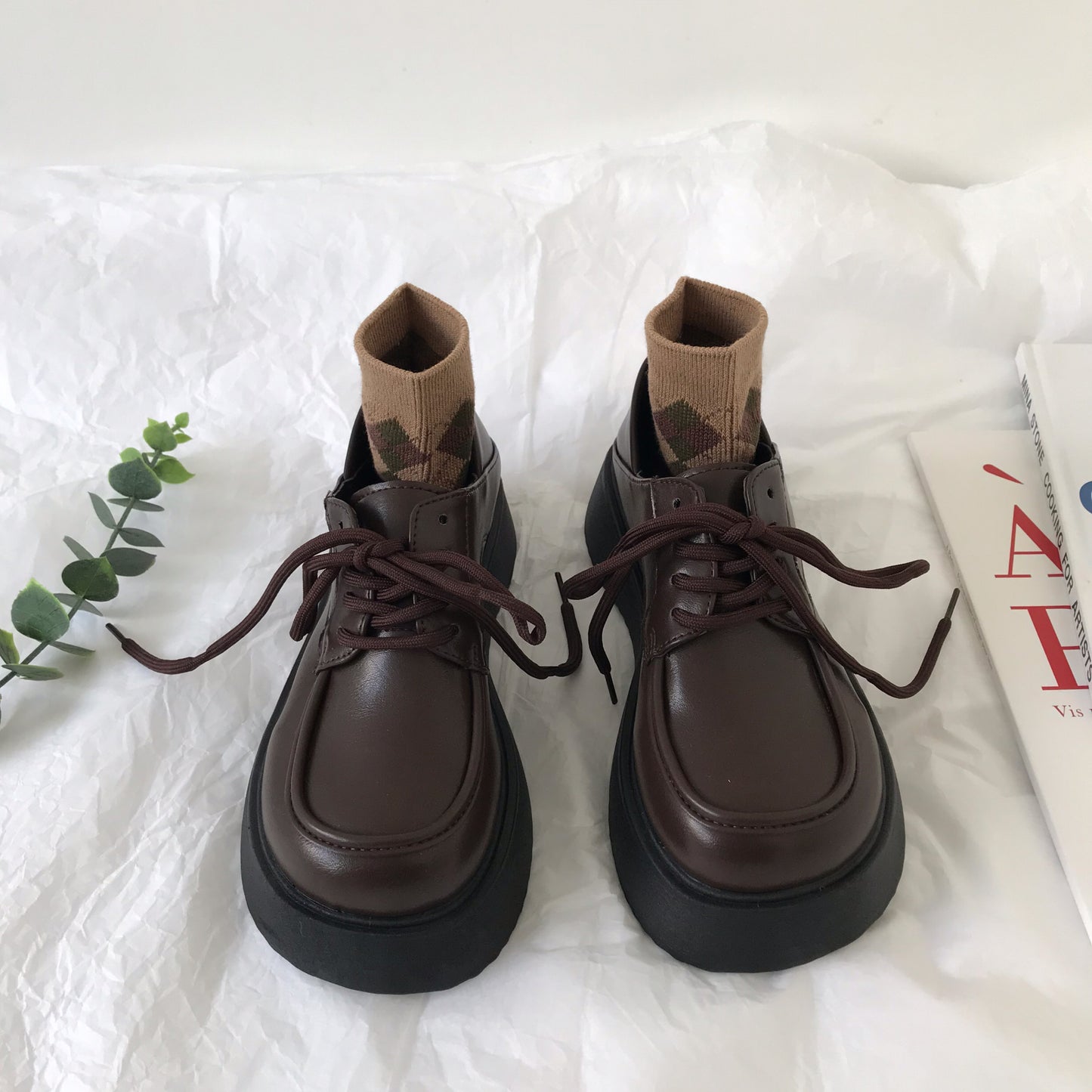 Chaussures en cuir marron à semelles épaisses pour femme style preppy rétro anglais Mary Jane