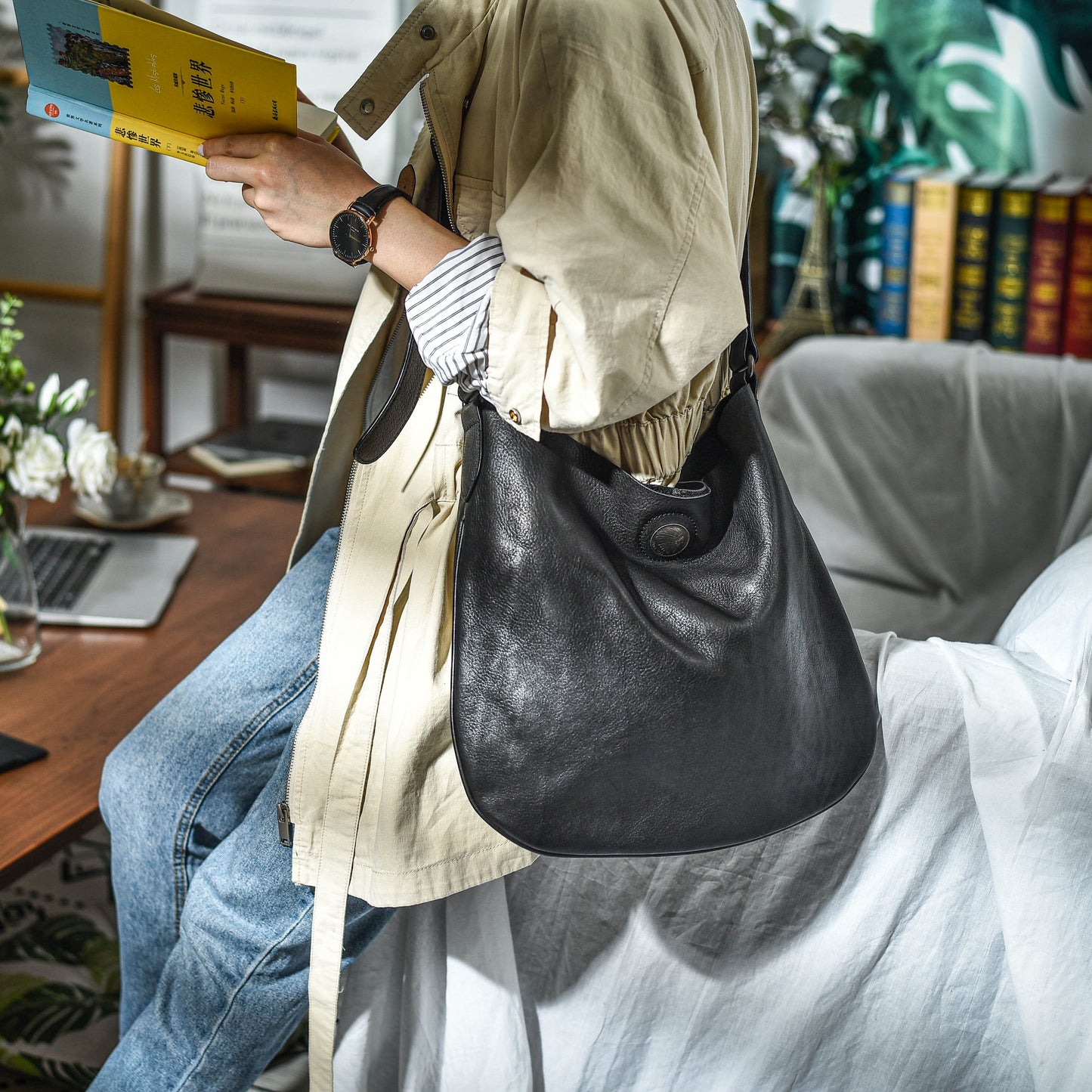 Bolso bandolera de cuero estilo retro para ocio y literatura y arte