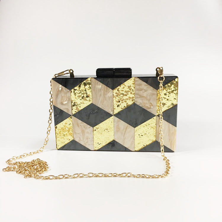 Vintage Sequined Acrylic Evening Bag Geometric Check Panel Clutch Dress