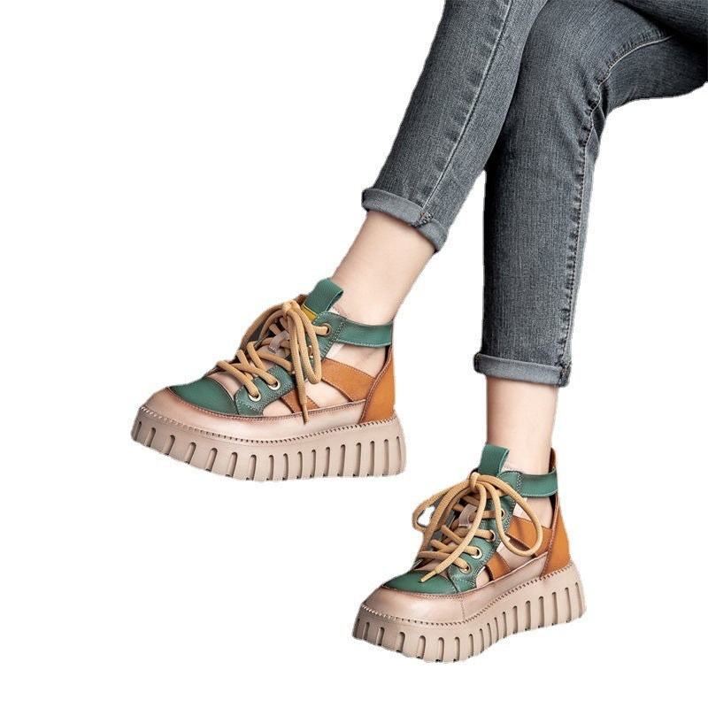 Sandalias gruesas de moda casual con cordones retro para mujer