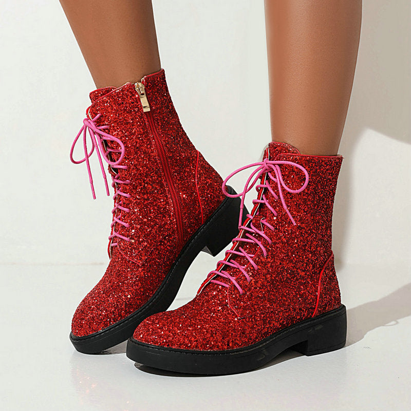 Autumn And Winter New Martin Boots Sequined Round Toe Low Heel Thick Heel Front Lace-up Women's Ankle Boots