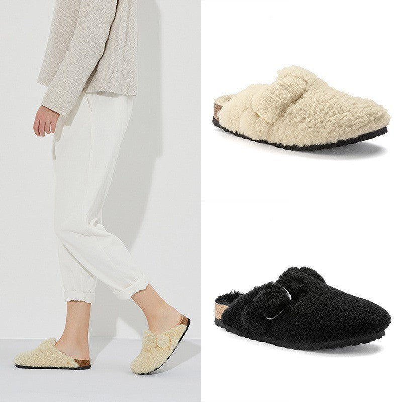 Pantuflas mullidas de corcho Baotou con forro polar para mujer