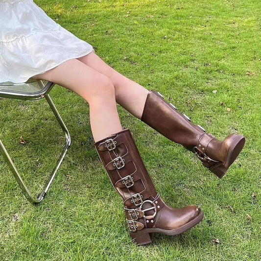 Bottes hautes en cuir véritable pour femme avec anneau en métal et cuir rétro