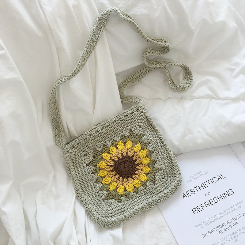 Bolsa de lana tejida con girasoles y corte de cadena