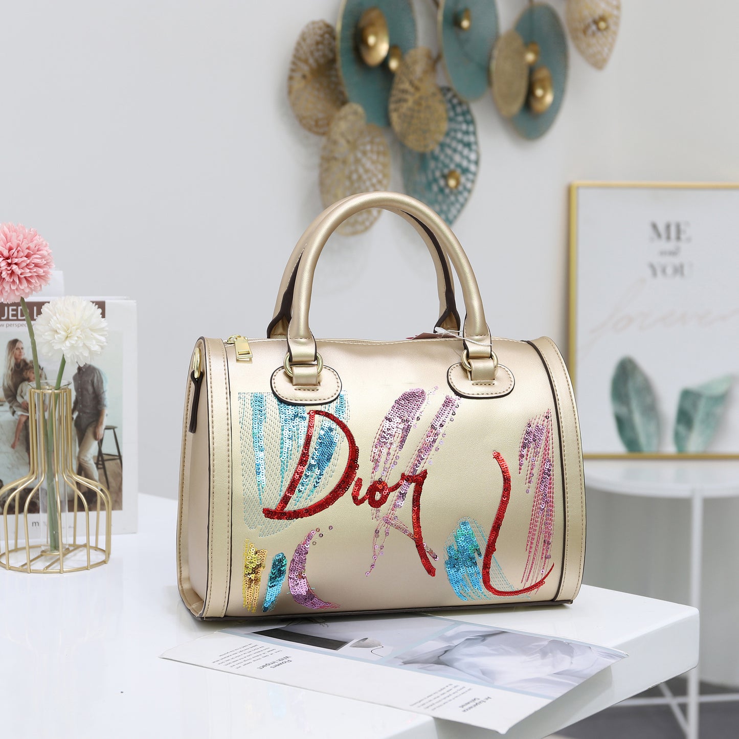 Sac à bandoulière portable tendance avec broderie à paillettes pour femme