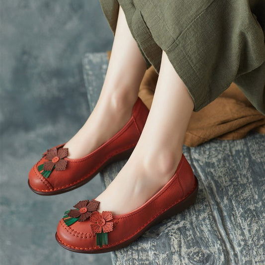 Ethnic Style Retro Handmade Cowhide Flower Soft Bottom Women's Shoes