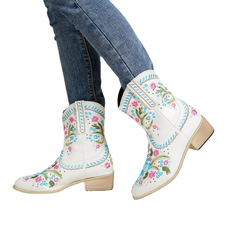 Botas occidentales de tubo medio de estilo étnico con flores bordadas para mujer, estilo europeo y americano