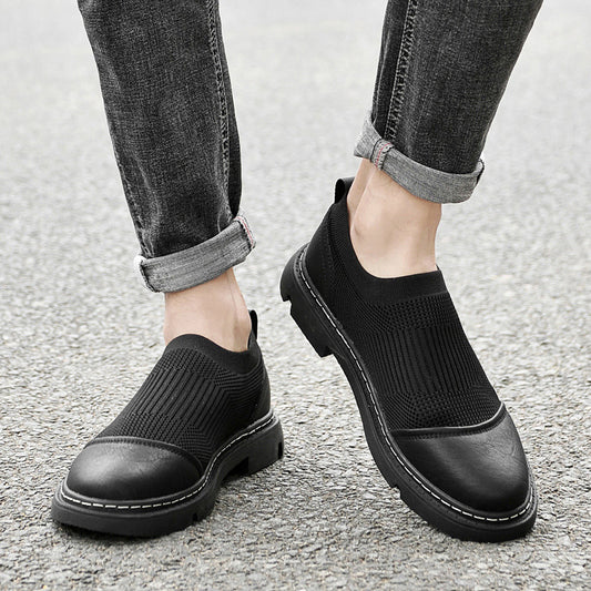 Rubber Cowhide Wear-resistant Round Toe Low-top Black Loafers