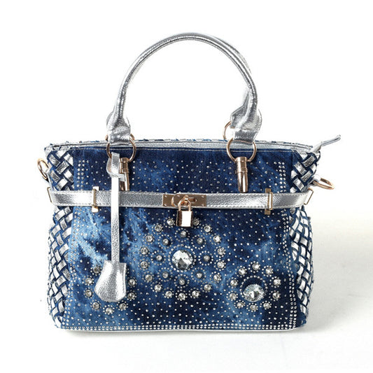 Sac messager à bandoulière simple en denim avec petite boucle et strass en verre pour femme