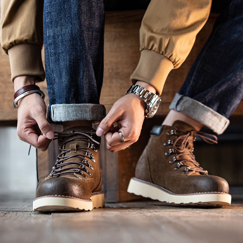 Botas altas de montañismo retro para hombre, zapatos de piel de becerro