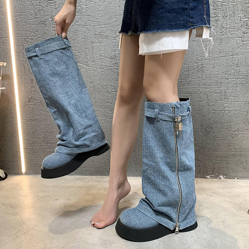 Women's French-style Platform Denim Boots