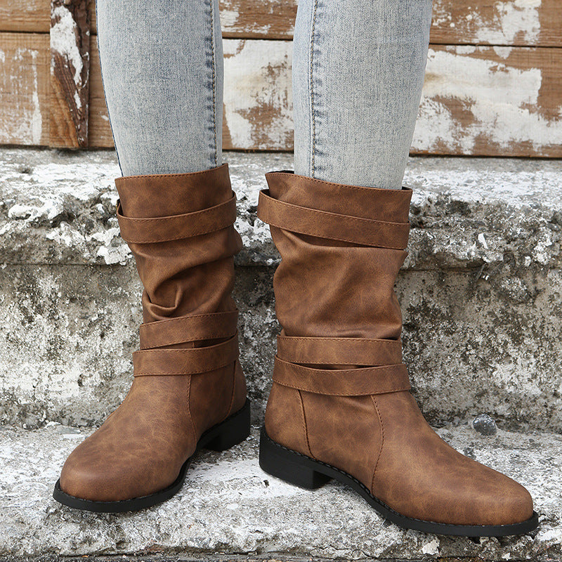 Botas de tacón bajo con hebilla ajustable estilo vintage para mujer, estilo gótico occidental, estilo militar y motero