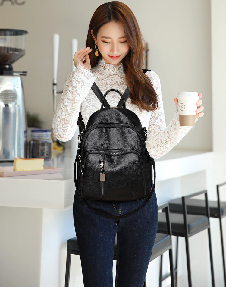 Trendy Korean Version Fashion All-match Ladies Backpack Casual Pu Soft Leather Personality