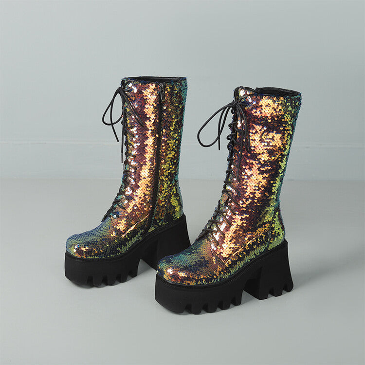 Sequins Mid-calf Martin Boots Round Head Front