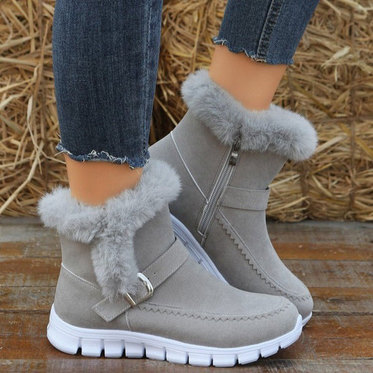 Nuevas botas de nieve de invierno cálidas y gruesas, botines de felpa de color sólido con diseño de hebilla y zapatos planos de terciopelo para mujer