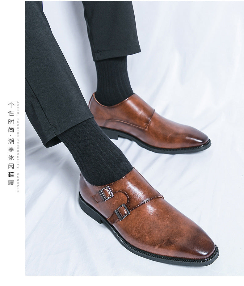 Zapatos formales de negocios de cuero para hombre, zapatos casuales de tres piezas con hebilla Mengke para oficina y boda