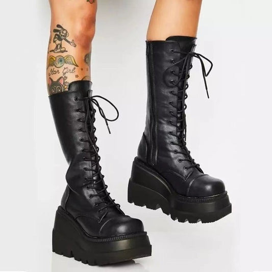 Botas hasta la rodilla con plataforma y circunferencia de tubo pequeño de moda para mujer