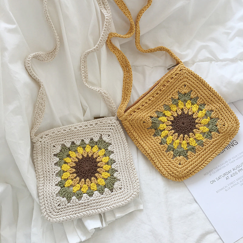 Bolsa de lana tejida con girasoles y corte de cadena