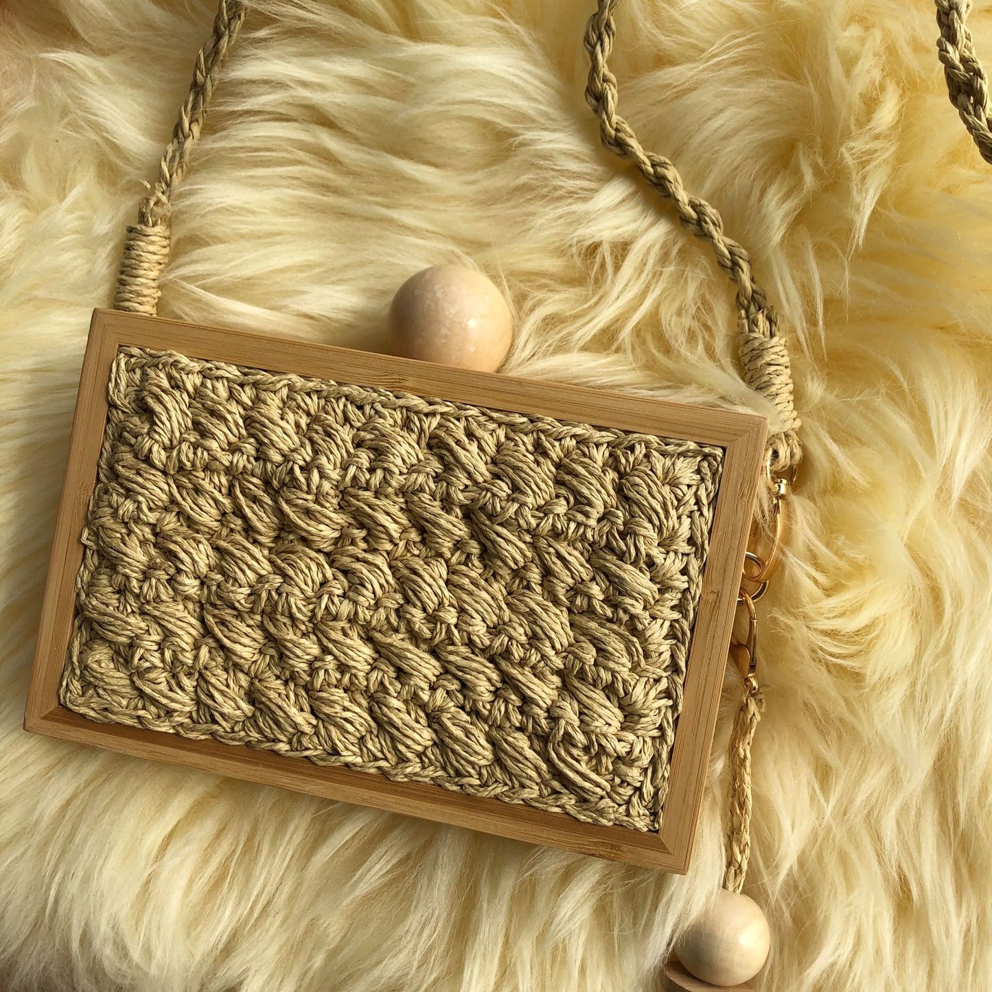 Wooden Frame Straw Bag In Stock Tassel Ball Head Hand Bag Messenger Bag Female Vacation Beach Bag