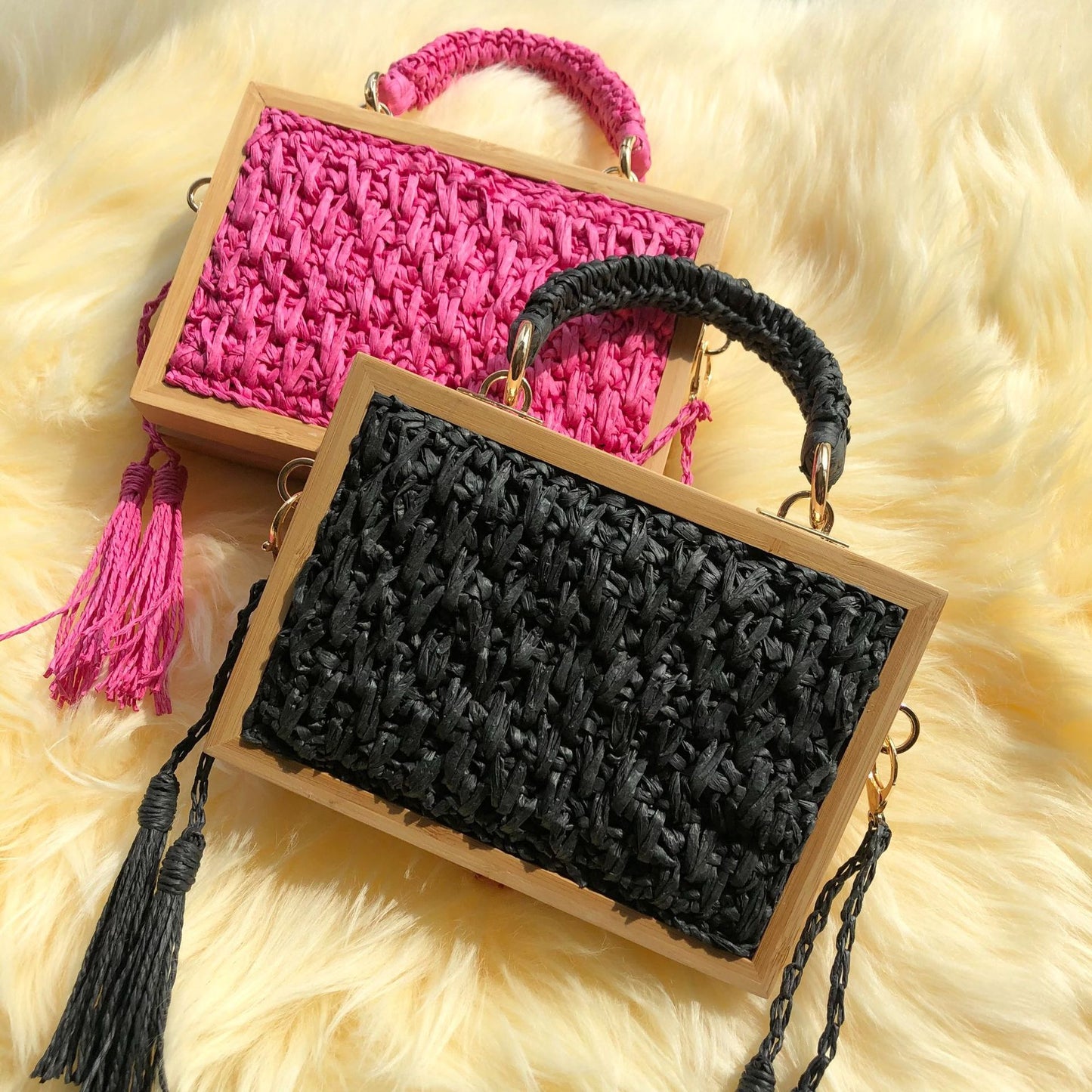 Wooden Frame Straw Bag