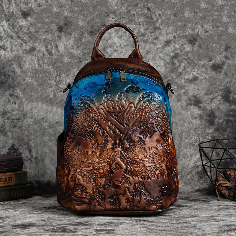 Mochila de piel de vacuno curtida vegetal con relieve vintage