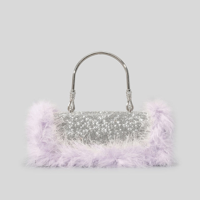 Sac à bandoulière en poils d'autruche Rhinocaster pour femme en poils de vison incrustés de diamants