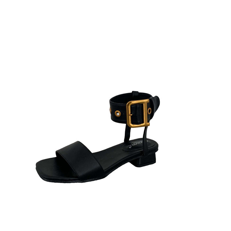 Chunky Heel Open Toe Leather Belt Big Gold Buckle Sandals