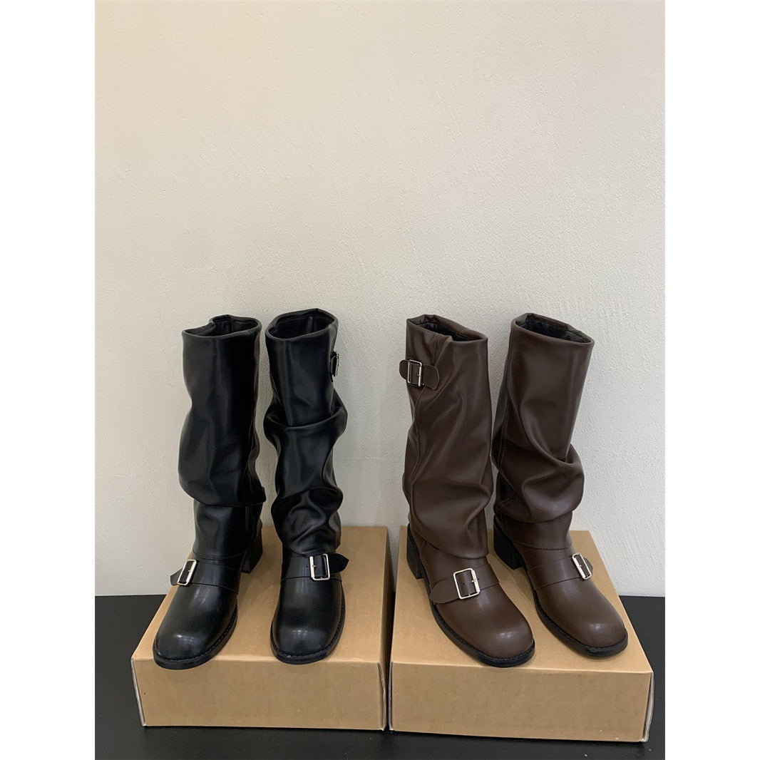 Botas de pelo plisado estilo americano para mujer