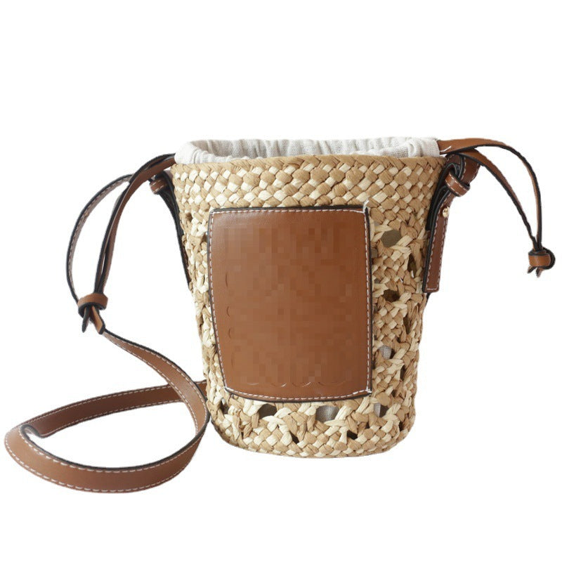 New French Women's Rhombus Bucket Straw Woven Shoulder Bag