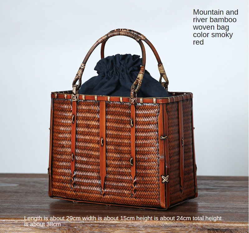 Sac de rangement tissé en bambou pour dames littéraires antiques