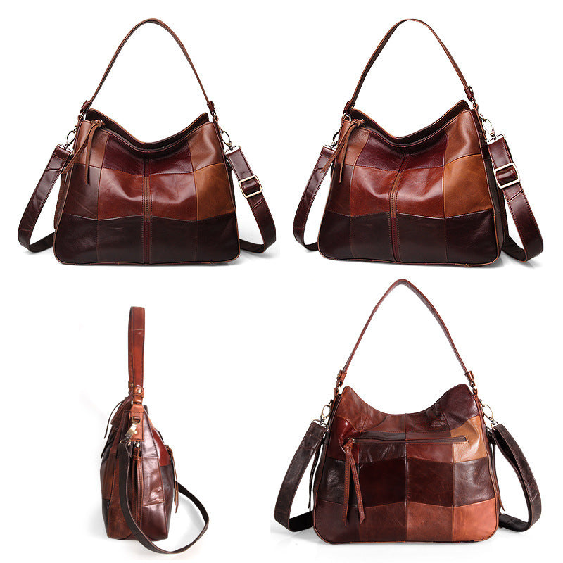 Retro Female Bag Leather Hit Color Top Layer Cowhide Handbag Color Stitching One-shoulder Messenger Bag Leisure