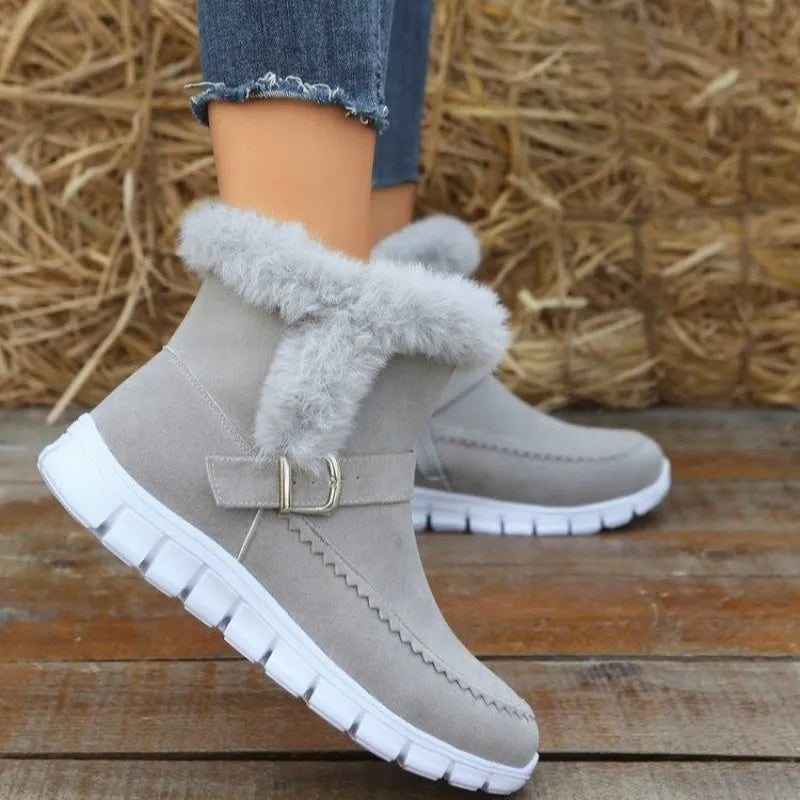 Nuevas botas de nieve de invierno cálidas y gruesas, botines de felpa de color sólido con diseño de hebilla y zapatos planos de terciopelo para mujer