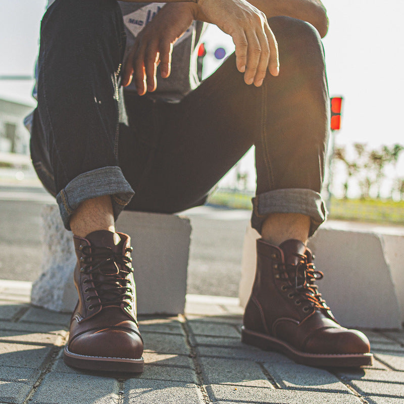 Botas Martin de piel de vaca retro, botas militares de cuero encerado con aceite para hombres, botas de trabajo