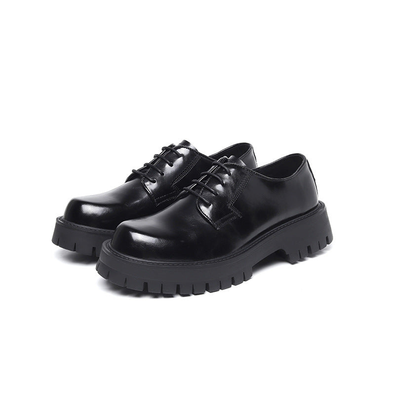 Black Leather Shoes Thick Bottom Elevator Wild Chunky Heel Lace-up