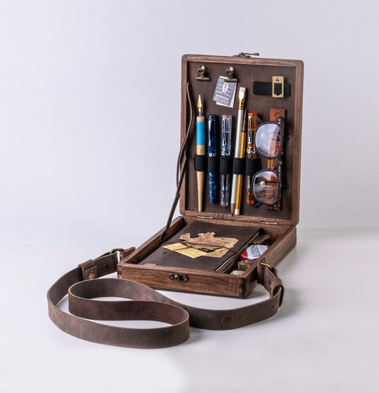 Writers Messenger Wood Box,Multi-Function Artist Tool And Brush Storage Box,Retro Wooden Handmade Portable Crossbody Postman Bag