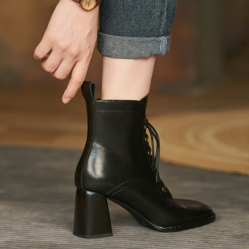 Bottes à talons hauts courtes et simples à lacets pour femmes, automne et hiver 2022, style rétro britannique