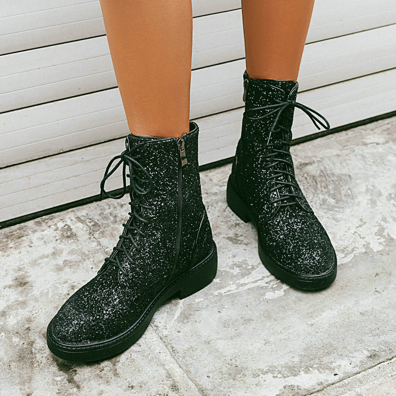 Autumn And Winter New Martin Boots Sequined Round Toe Low Heel Thick Heel Front Lace-up Women's Ankle Boots