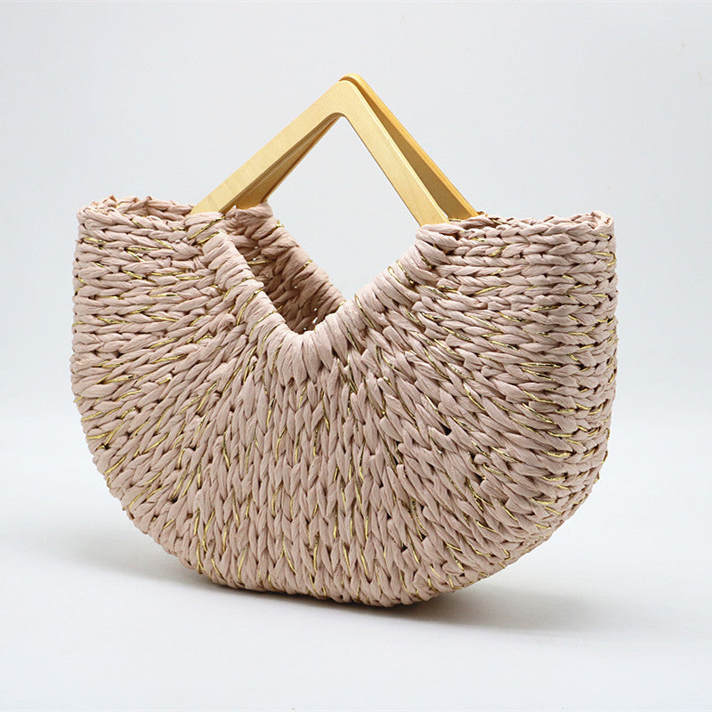 Bolso de mano con forma de luna y asa de madera de paja