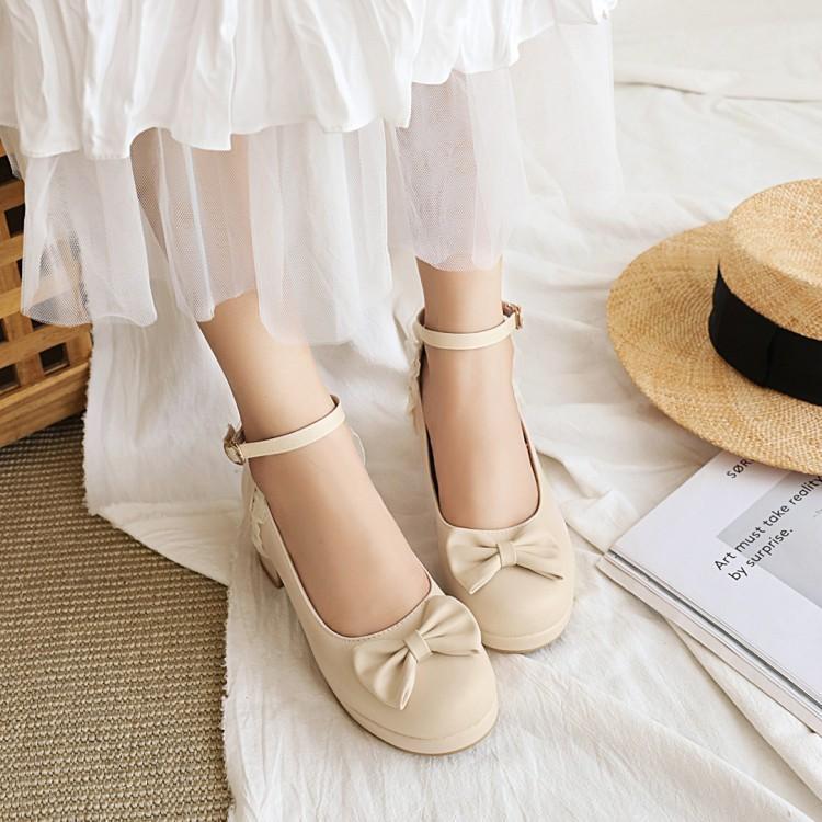 Chunky Beige French Style Leather Shoes